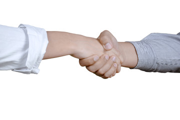 Two business people shaking hands on studio