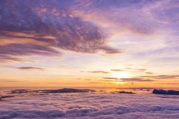 Sunrise and Sea of fog at pah nok ann at Phu Kradueng National Park , Loei Thailand