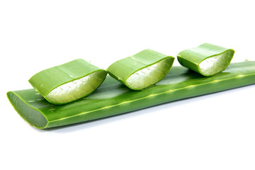 Closeup of aloe vera plant sliced with leaf isolated on white background