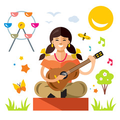 Girl with a guitar. Flat style colorful Vector Cartoon illustration.