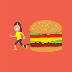 Running Woman With Hamburger Health Concept Vector Illustration