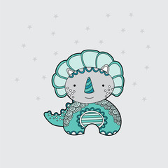 Cute dinosaur multi-coloured vector illustration on a pale grey background with stars.