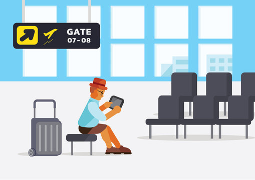 traveler waitng in airport terminal