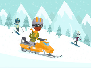 Diverse group of happy multicultural people driving snowmobile, skiing and snowboarding in winter mountains. Recreation on nature, winter holiday, winter sports concept. Vector cartoon illustration.