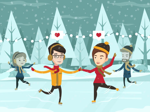Two happy caucasian white couples ice skating outdoors on a pond on a snowy winter day