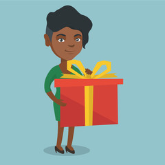 Smiling african-american woman holding a box with a gift in hands. Full length of young happy woman holding a gift box. Woman buying a present. Vector cartoon illustration. Square layout.