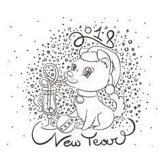 Golden dog with the cup of mulled wine and a cake. New Year symbol of 2018.