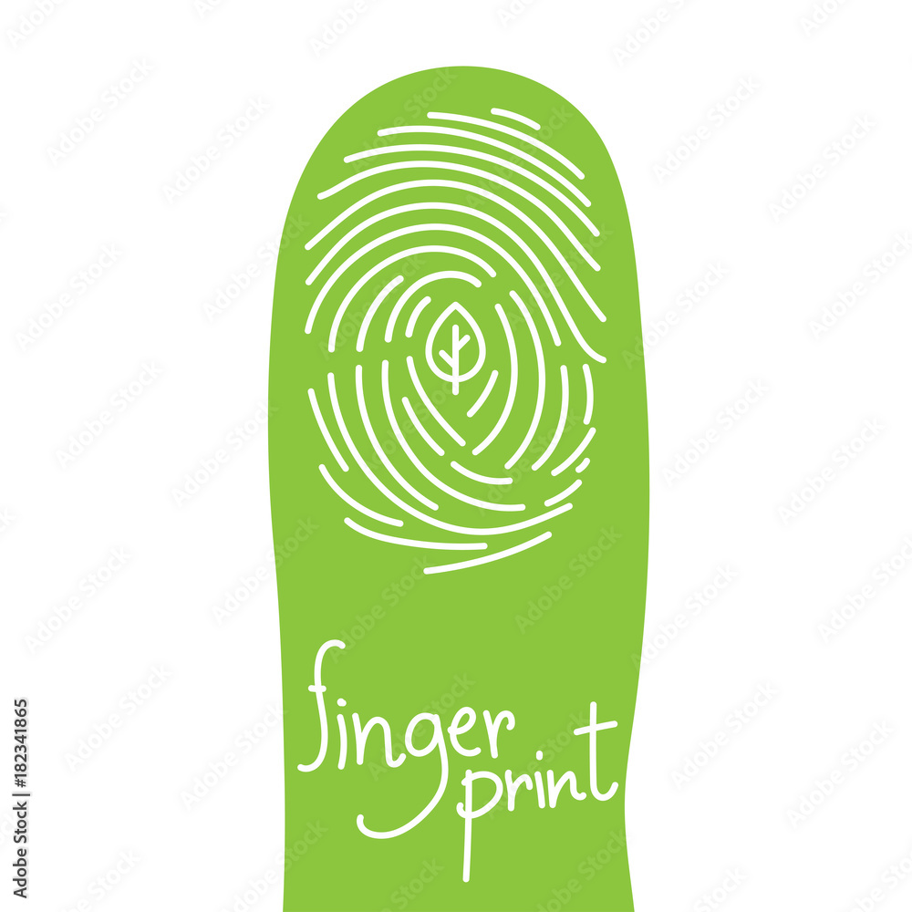 Poster fingerprint scan on finger silhouette set with leaf symbol concept idea illustration isolated on whi