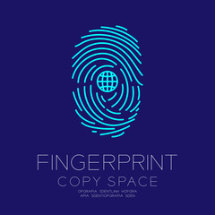 Fingerprint scan set with Network symbol concept idea illustration isolated on dark blue background, and Fingerprint text with copy space