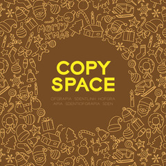 Happy New Year symbol icon kids hand drawing set pattern background illustration isolated on brown color background, with center copy space circle shape