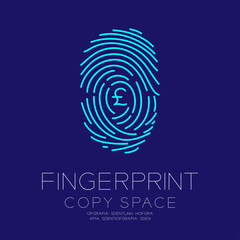 Fingerprint scan set with Currency GBP (Pound Sterling) symbol concept idea illustration isolated on dark blue background, and Fingerprint text with copy space