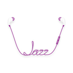 Earphones wireless and remote, In Ear type purple color and Jazz text made from cable isolated on white background, with copy space