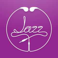 Earphones, Earbud type white color and Jazz text with circle frame made from cable isolated on purple gradient background, with copy space
