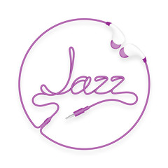 Earphones, In Ear type purple color and Jazz text with circle frame made from cable isolated on white background, with copy space
