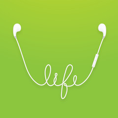 Earphones wireless and remote, earbud type white color and life text made from cable isolated on green gradient background, with copy space