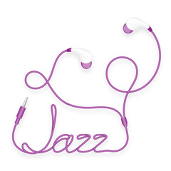 Earphones, In Ear type purple color and Jazz text made from cable isolated on white background, with copy space