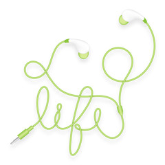 Earphones, In Ear type green color and life text made from cable isolated on white background, with copy space