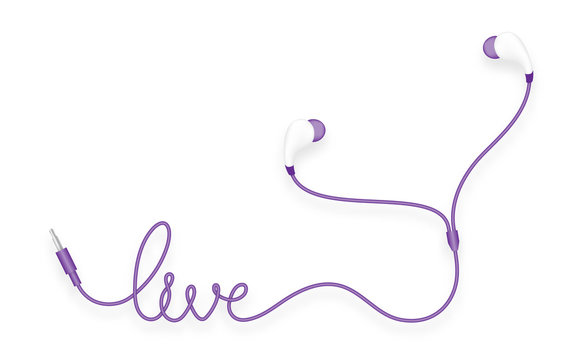 Earphones, In Ear type violet color and live text made from cable isolated on white background, with copy space