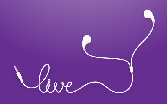Earphones, Earbud type white color and live text made from cable isolated on violet gradient background, with copy space