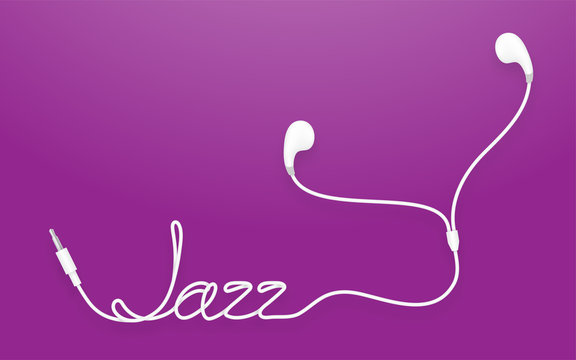 Earphones, Earbud type white color and jazz text made from cable isolated on purple gradient background, with copy space