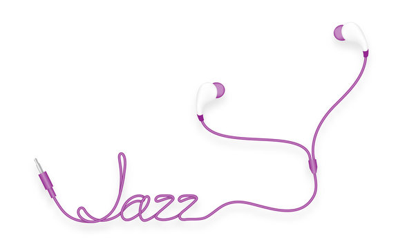 Earphones, In Ear type purple color and Jazz text made from cable isolated on white background, with copy space