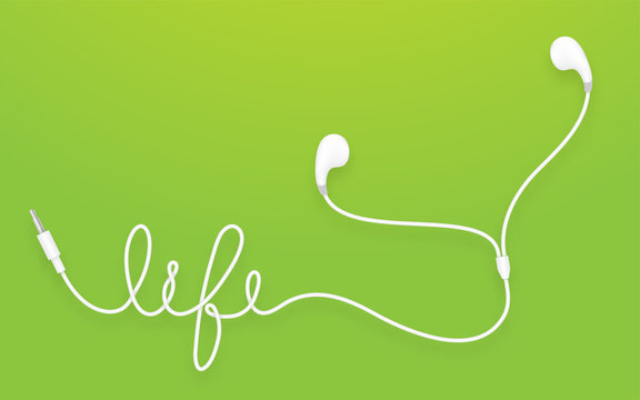 Earphones, Earbud type white color and life text made from cable isolated on green gradient background, with copy space