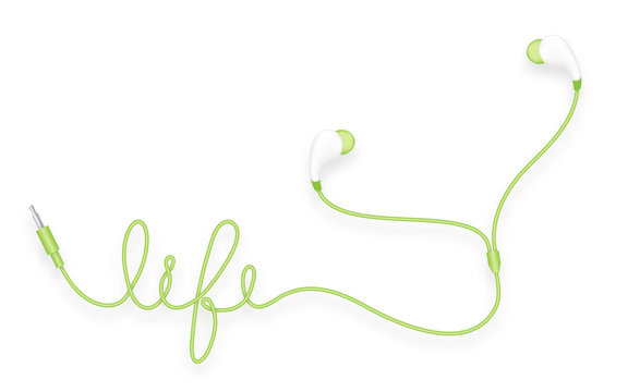 Earphones, In Ear type green color and lift text made from cable isolated on white background, with copy space