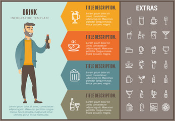 Drink infographic options template, elements and icons. Infograph includes line icon set with bar drinks, alcohol beverage, variety of glasses and bottles, non-alcoholic beverages, hot drinks etc.