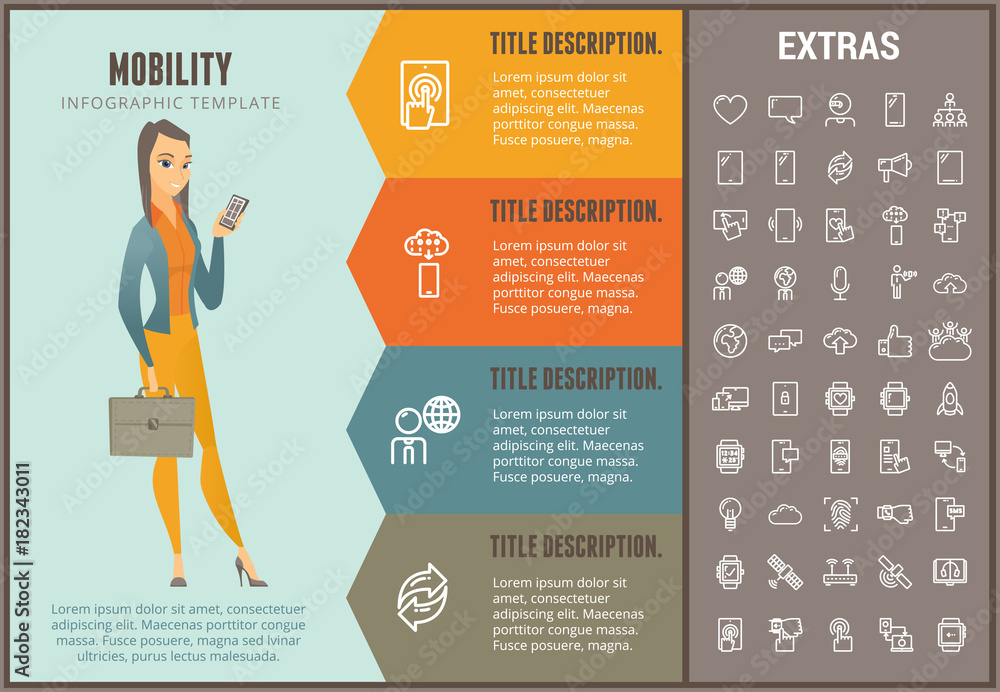 Poster mobility infographic option template, elements and icons. infograph includes line icon set with mobi