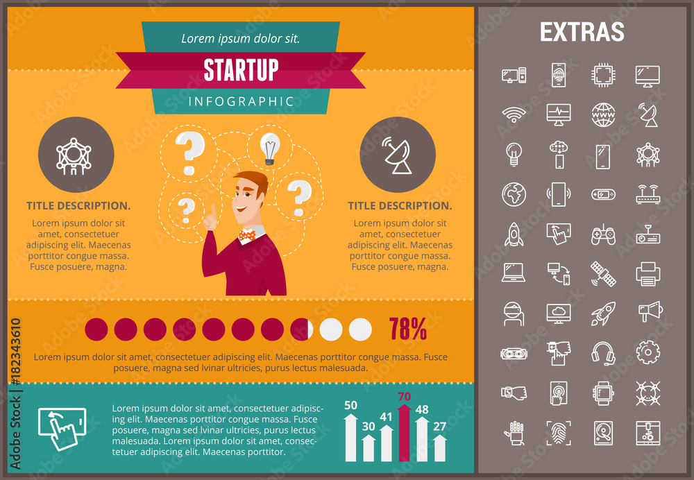 Poster Startup infographic template, elements and icons. Infograph includes customizable graphs, charts, line icon set with startup rocket, business launch, global network technology, internet connection etc