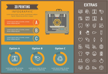 3D printing infographic template, elements and icons. Infograph includes customizable graphs, charts, line icon set with 3D printer, products of 3D innovation technologies, printing machine etc.