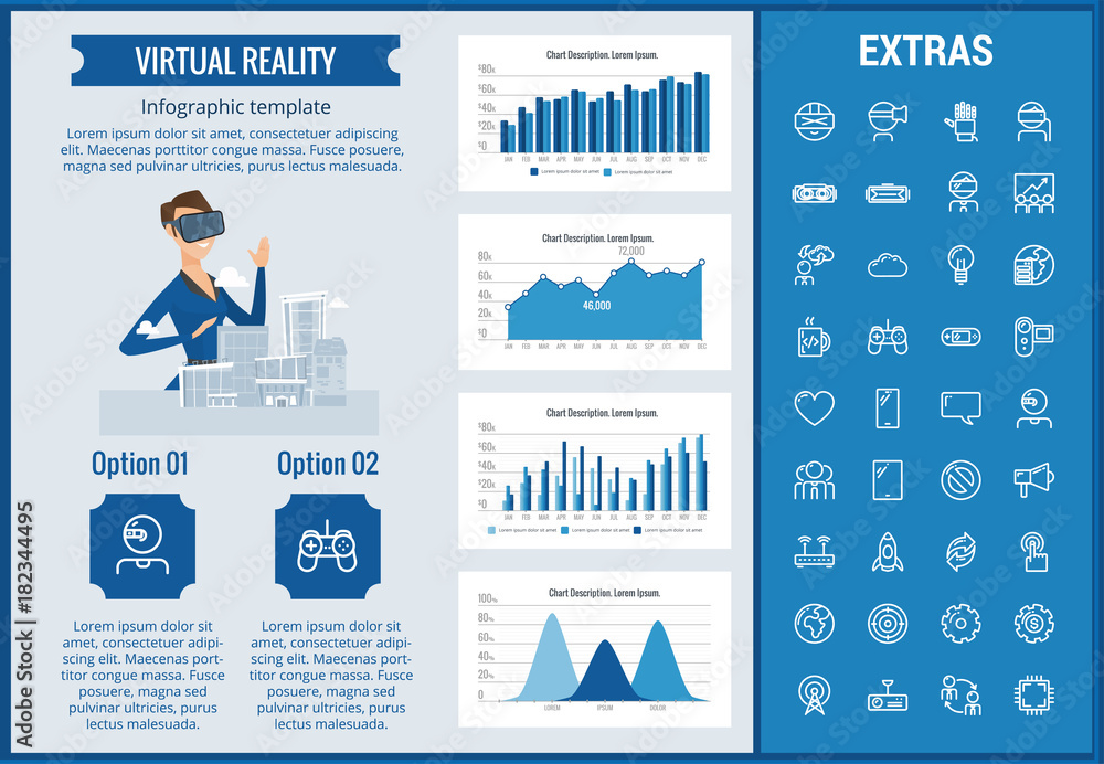 Poster virtual reality infographic template, elements and icons. infograph includes customizable graphs, ch