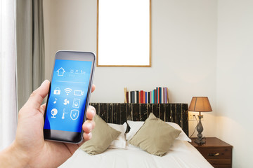 smart phone with smart home with modern bedroom