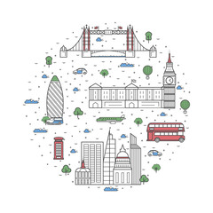 London travel poster with national architectural attractions. Historic British famous landmarks and traditional symbols on white background. Touristic advertising vector layout in trendy linear style.