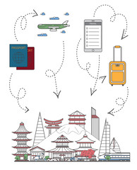 Welcome to Japan poster with famous asian architectural attractions, travel bag, passport, plane and smartphone in linear style. Online tickets ordering, worldwide tour advertising vector background