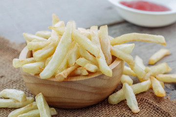 French fries on sackcloth.