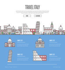 Country Italy travel vacation guide with most important architectural attractions in trendy linear style. Italian skyline with national famous landmarks. Worldwide traveling and journey vector concept