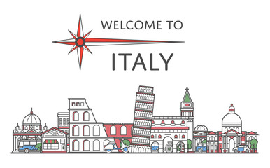 Welcome to Italy poster with famous architectural attractions in linear style. Worldwide traveling and time to travel concept. Italian national landmarks, global tourism and journey vector background.