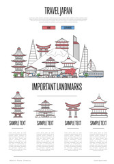 Japan travel infographics with most important architectural attractions in trendy linear style. Japanese national landmarks on white background. Worldwide traveling and journey vector concept.