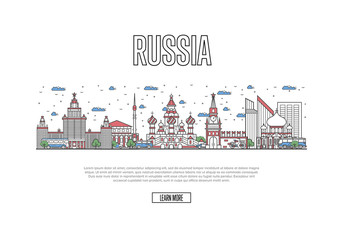 Travel Russia poster with architectural attractions in linear style. Worldwide traveling and time to travel concept. Moscow skyline with famous landmarks, country touristic trip vector background.