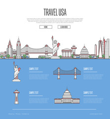 Fototapeta premium Country USA travel vacation guide with most important architectural attractions in trendy linear style. American skyline with national famous landmarks. Worldwide traveling and journey vector concept.