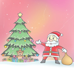 Merry Christmas with Santa Claus and decorations pine tree. Gift boxes and teddy bear in doodle style for Xmas Holiday and Happy New Year.