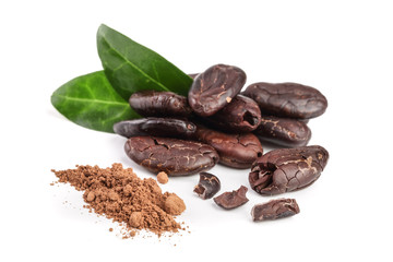 peeled cocoa bean with leaf and cocoa powder isolated on white background