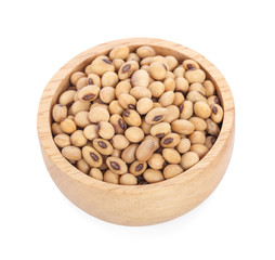 soybeans in the wooden cup on white background (soy, soybean, bean)