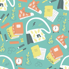 Hand Drawn Seamless Pattern with Education Items.