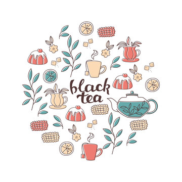 Fototapeta Set of Hand Lettering and Tea Accessories: Cup, Teapot and Leaves in Doodle Style.