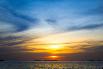 Sky and sunset behind the mountains at sea.