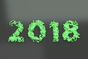 Liquid green 2018 number with drops on black background