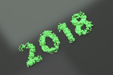 Liquid green 2018 number with drops on black background