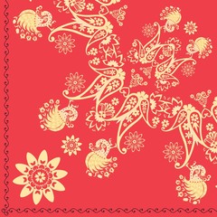 Khokhloma pattern. Fragment of shawl with yellow paisley, peacocks and flowers on bright red background. Beautiful vector illustration in folk style.